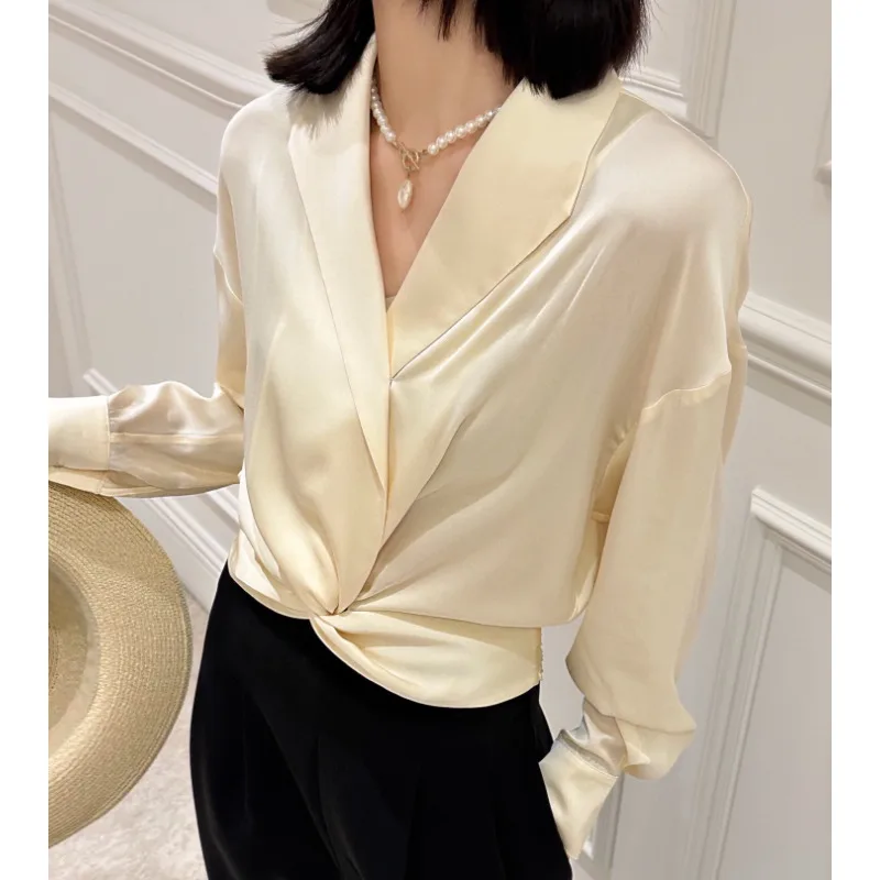 Silk Shirt for Women, High Quality 100% Silk Shirt Suit Collar Top French Pullover Long Sleeve V-neck ,2023 AW Women's New Style