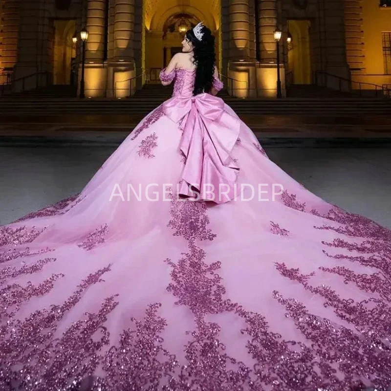 ANGELSBRIDEP Mexican Pink Quinceanera Dresses Ball Gown Shiny Sequined Appliques Sweet 16 Dress Vestido De 15 Anos