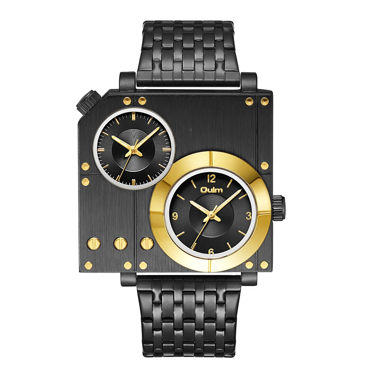 

2022 Oulm Square Casual Large Dial Men's Business Watch Double Time Zone Steel Band Waterproof Quartz Watch Men's Gold Explosion