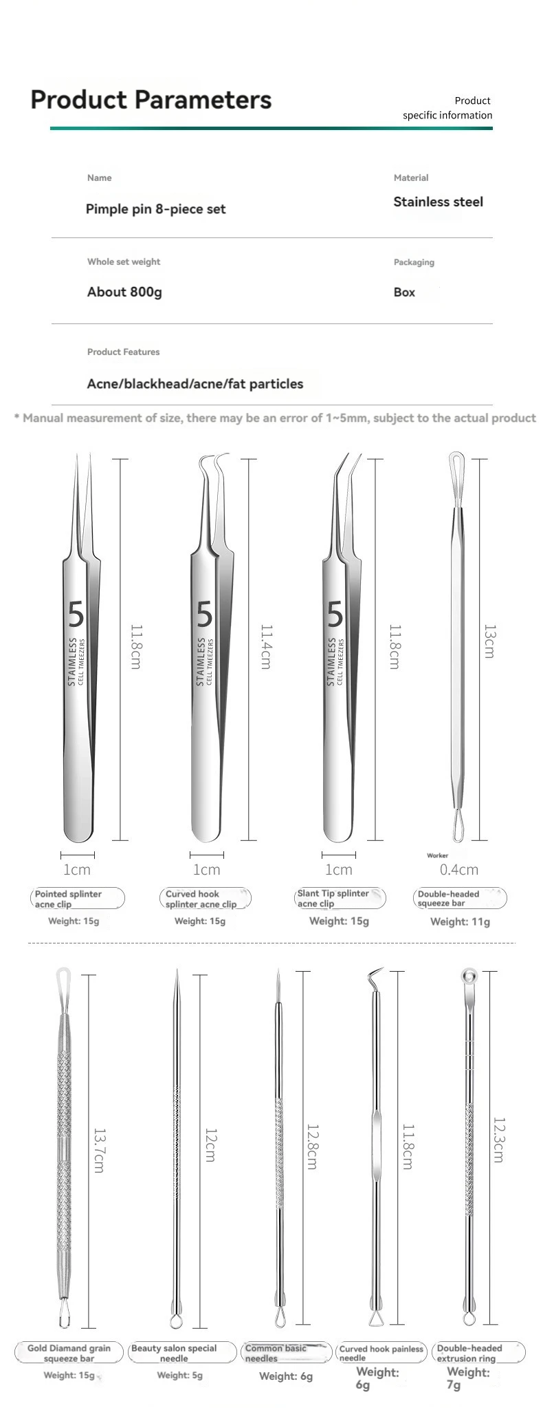 8-teiliger Akne-Clip aus Edelstahl, Zell-Clip, Mitesser-Clip, Akne-Nadel, Akne-Nadel für Schönheitssalons, Akne-Nadel-Werkzeug – Detail 7