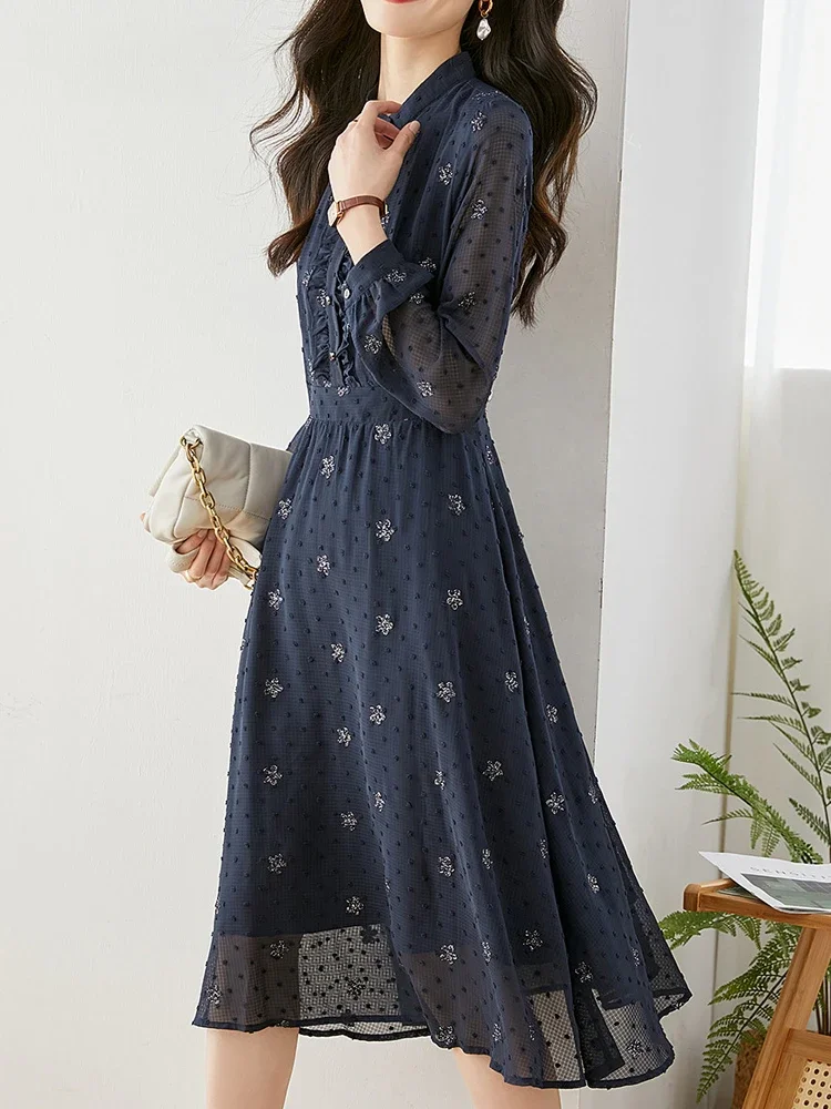 

Elegant Long Sleeve Midi Dresses for Women 2023 Spring Autumn Elastic Waist Swing Flowy Embroidery Floral Chiffon Dress