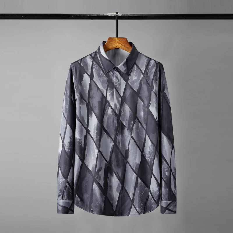 Minglu Gradient Diamond Print Male Shirts Luxury Long Sleeve Business