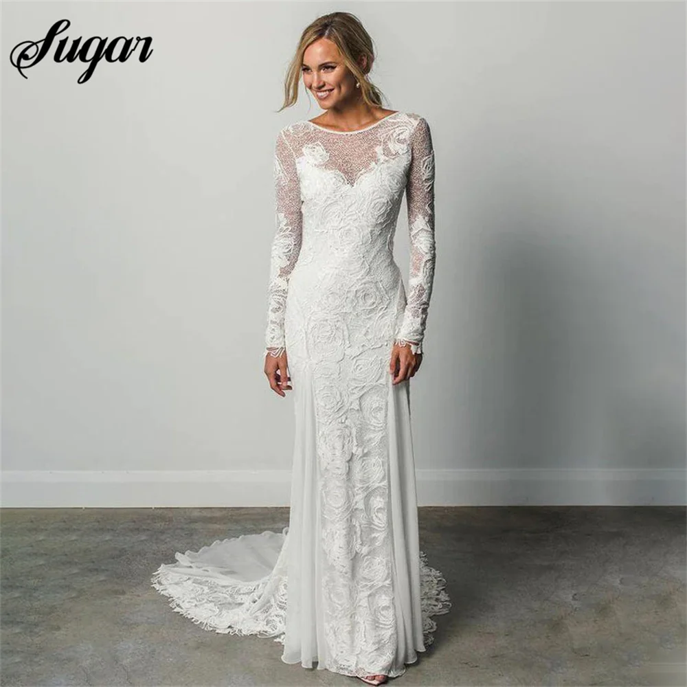 

Sheath Mermaid Sexy Wedding Gown Scoop Neck Long Sleeves Ivory Wedding Dress Rustic Lace Bridal Gown Backless vestidos de novia