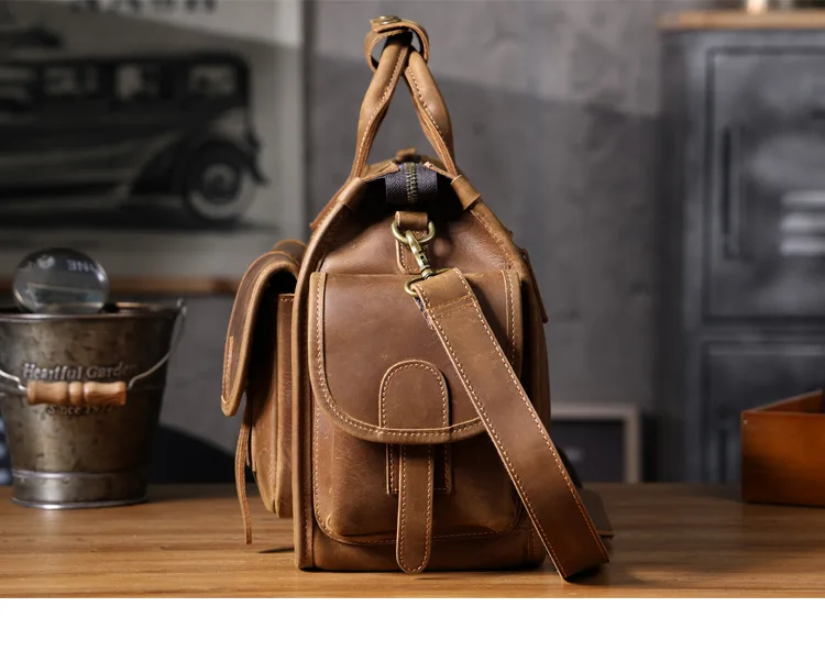 Vintage handgefertigte Herren-Aktentasche aus Crazy-Horse-Rindsleder mit mehreren Taschen, luxuriöse Business-Handtasche aus echtem Leder mit großem Fassungsvermögen für Laptops. – Detail 26