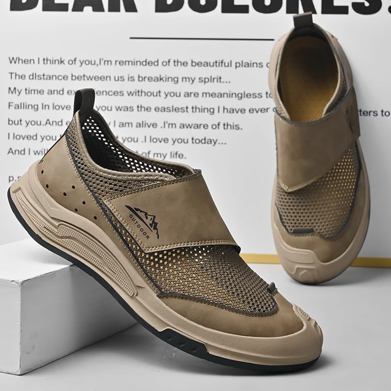 Handmade Leather Men's Slip on Shoes Outdoor Casual Loafers Moccasins Soft-Soled Walking Mesh Shoes Non-Slip Male Driving Shoes 3
