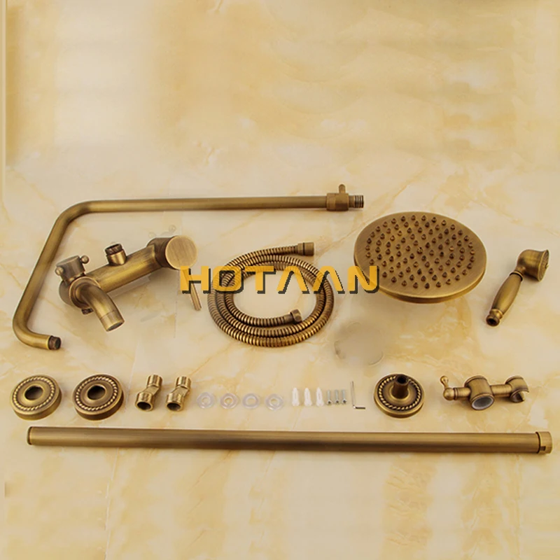 Bathroom shower faucet set Wall Mounted Mixer Valve Rainfall Antique Brass Shower Faucet Complete Sets + 8" Brass Shower Head + Hand Hose YT-5337A
