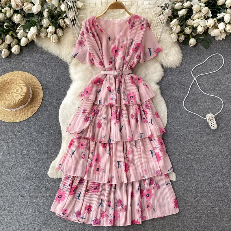 

New Fashion Vintage Floral Print Pleated Fluffy Cake Dress Women's Summer V-neck Short Sleeve Elegant Clothes Vestidos K238