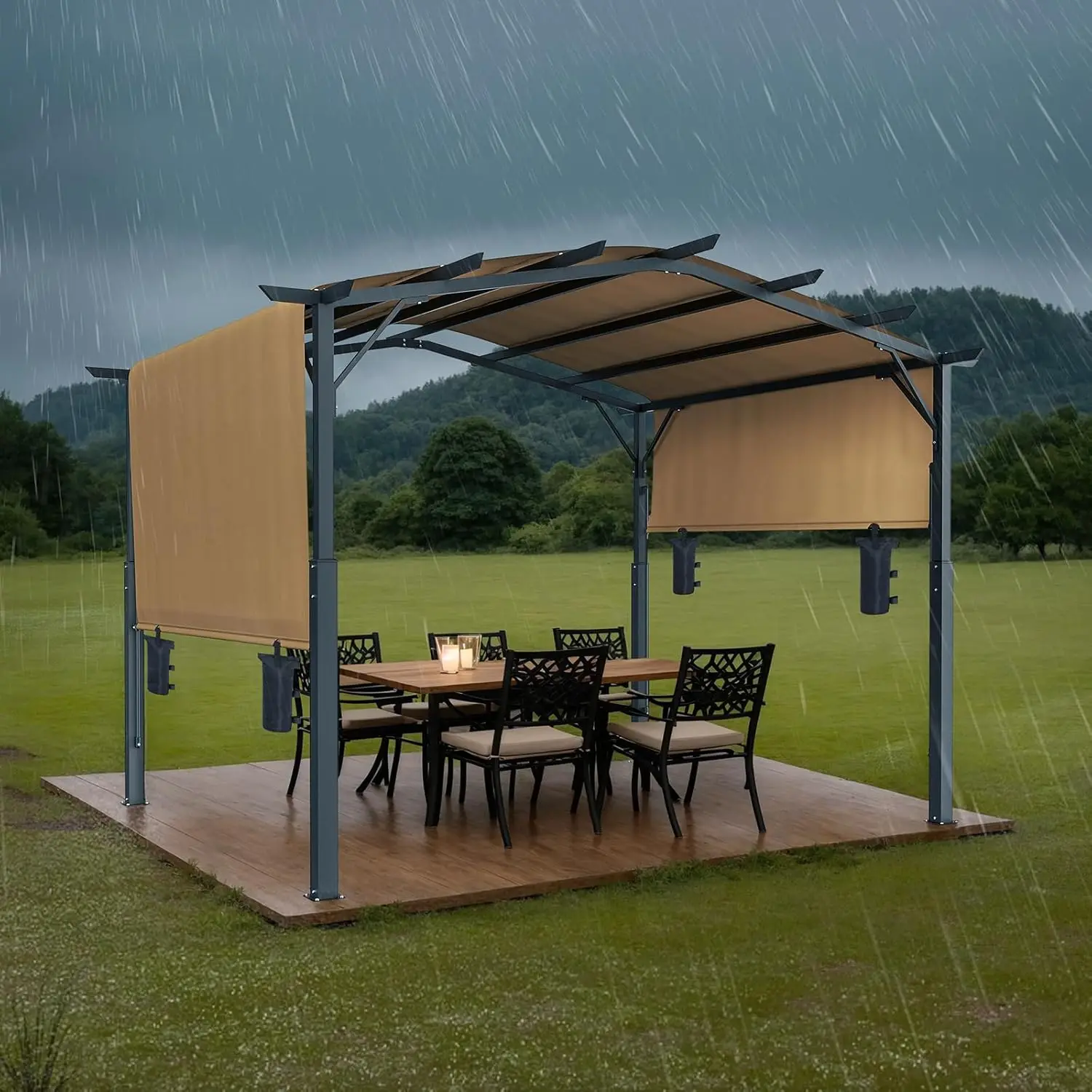 10 x 10 ft Outdoor Pergola, Arched Top Metal Pergola, Retractable Pergola with Sun Shade Canopy, Large Patio Shelter Pavilion