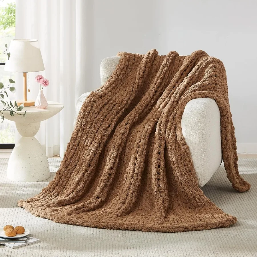 Chunky Knit Blanket Throw: 72''x84'' Chenille Chunky Knitted Throw Blanket for Bed Couch Handmade Thick Big Cable Knit Blanket