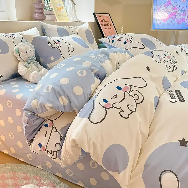 Cinnamoroll Pure Cotton Three-piece Set Cartoon Sanrio Melody Bed Sheet Quilt Cover Pillowcase Dormitory Bedding Three-piece Set