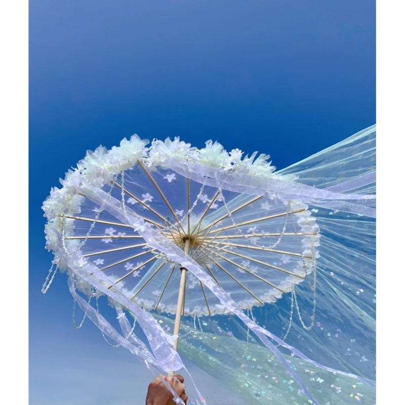 Red 85cm Flower Beach Shade Umbrella Fan Lolita Hanfu Accessories Super Fairy Ribbon Yarn Bead Catwalk Parasol Paraguas