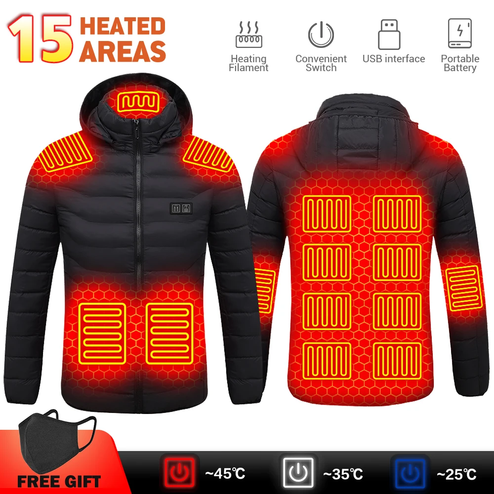 

Men Winter Warm USB 15 Zone Heating Jackets Smart Thermostat Pure Color Hooded Heated Clothing Coats Warm Jackets for Hiking