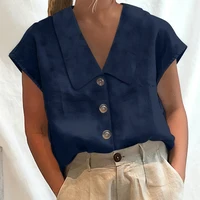 Women's Cotton Linen Buttoned Lapel Blouses 2026 New Summer Cap Sleeves Loose Fit Minimalist Casual Office Work Tops