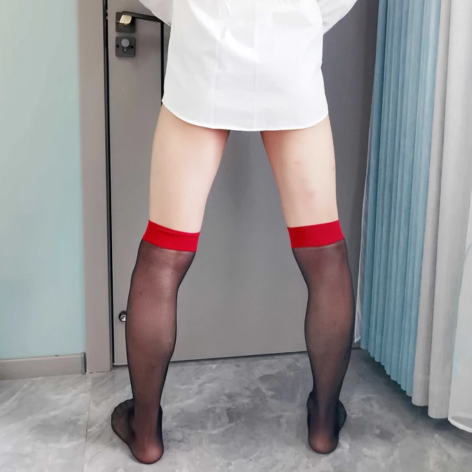 Gentlemen Vintage Black Silk Red Tube Stockings Men's Hosiery Knee High Stockings Male Fetish Transparent Stocking Sissy Clothes