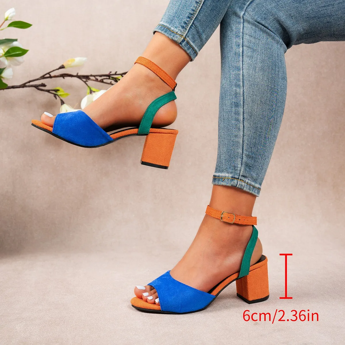 Fashion Block Heel Slingbacks Women Color Match Open Toe Pumps Elegant Office Ladies High Heels Women's Comfortable Sandals