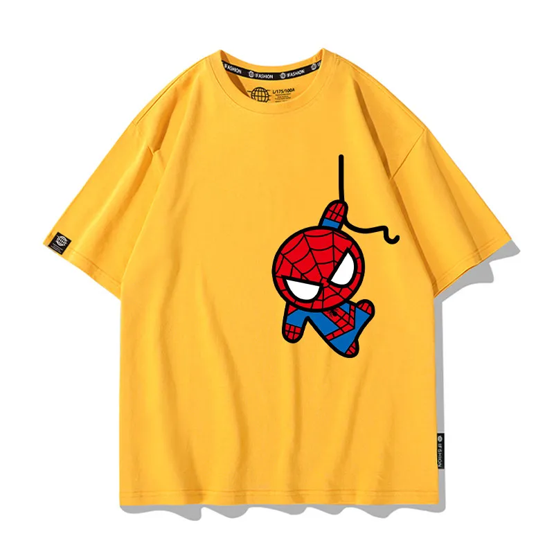 마블 팬 아동용 티셔츠 캔디 컬러 스파이더맨 콜라보레이션 순면 프린트 부모-자녀 반팔 셔츠