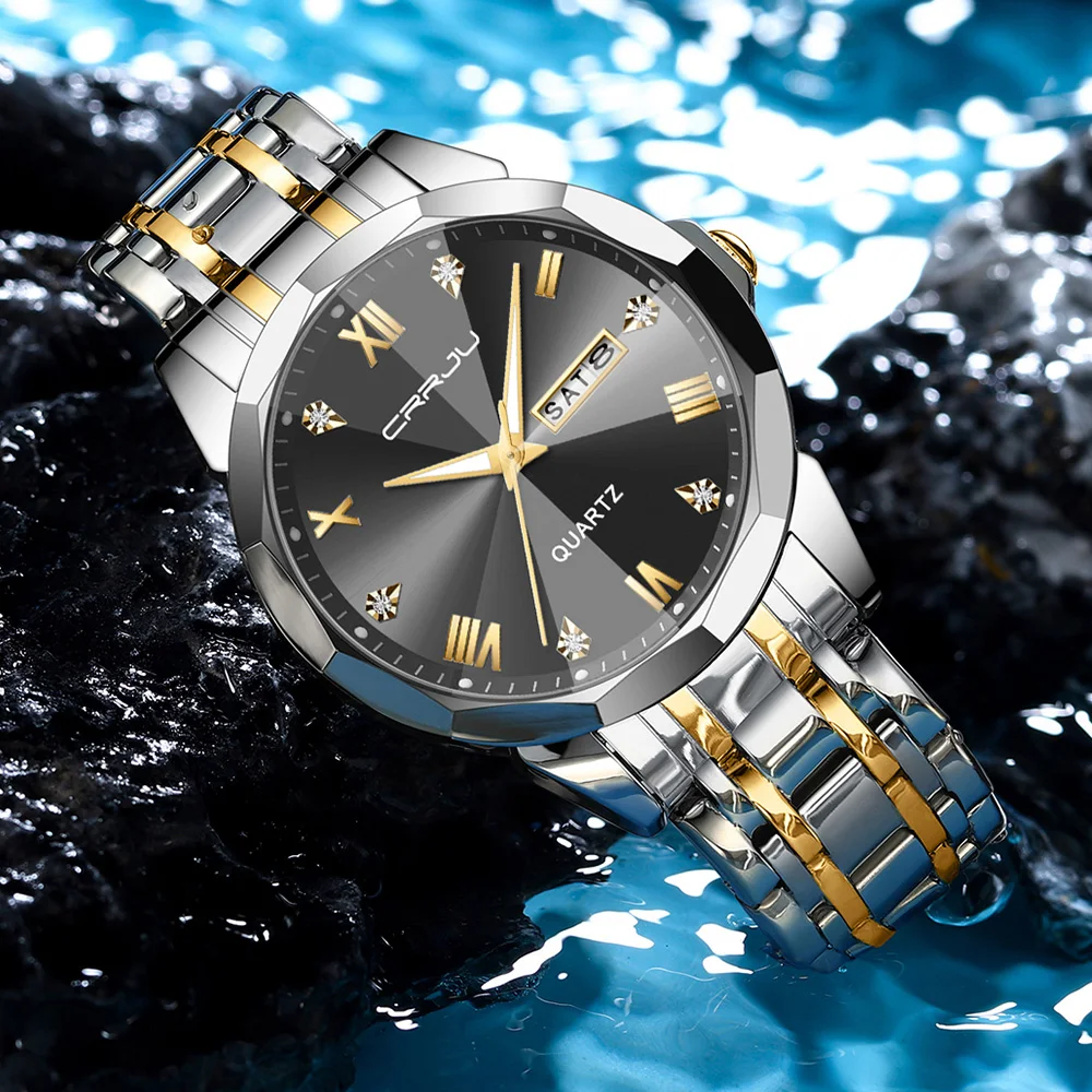 CRRJU Luxury Men Quartz Watch Waterproof Date Week Luminous Wristwatch Stainless Steel Men's Watches Male Clock Sports Reloj