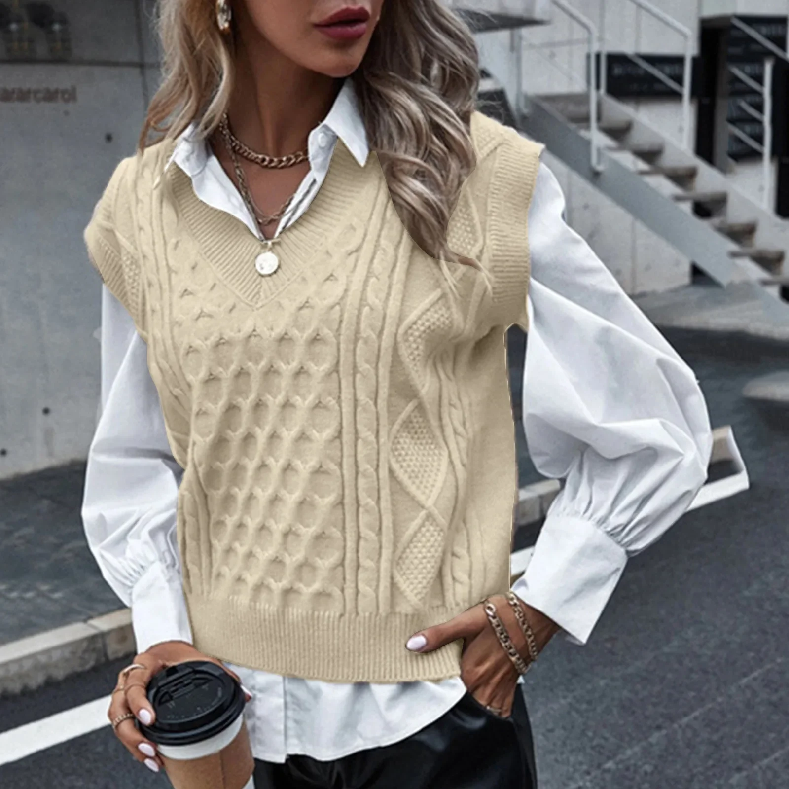 

Preppy Style Sweater Vest Elegant Women Knitted Jumper Sleeveless V-Neck Twist Knitwears Top Chic Pullover