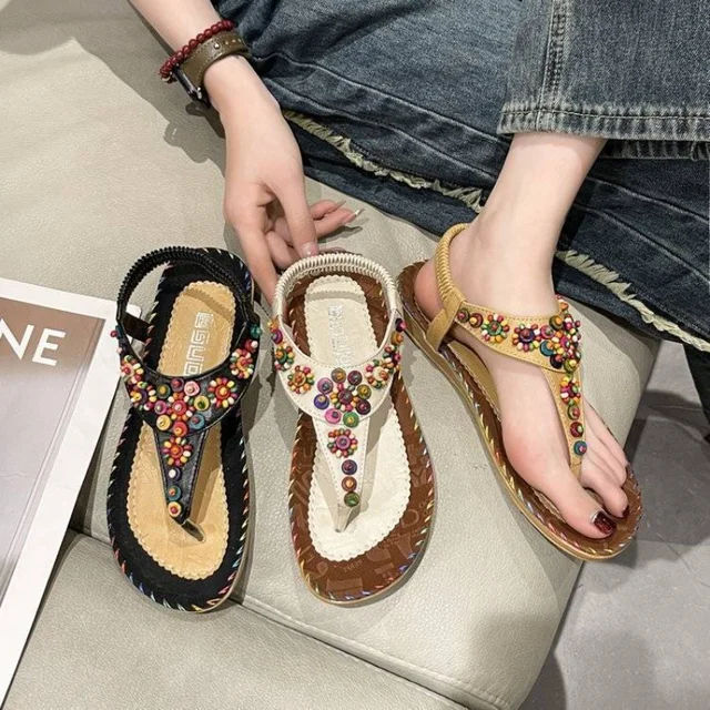 Bohemia Sandals for Women Beach One Word Woman Shoes Flat Rubber Summer 2025 Comfortable Wholesale Shoe Luxury Designer Trending 4