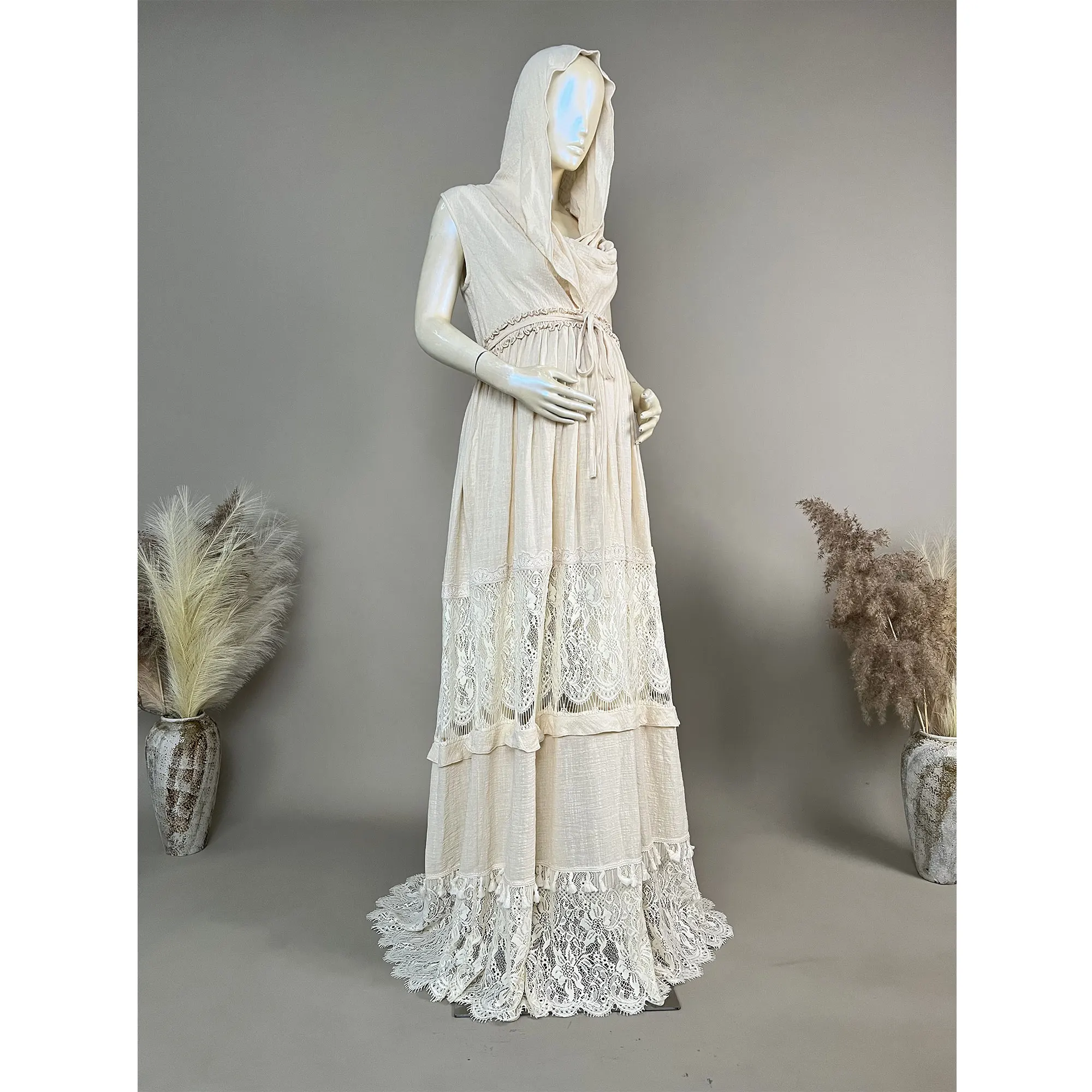

Don&Judy Boho Lace Wedding Dresses Rustic With Pearl Hooded Party Beach Gown Vintage Bridal Pregnancy Maternity Photography Maxi