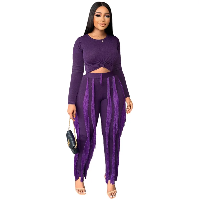 Knitted Two Piece Tassel Pants For Women Sets Fashion O Neck Long