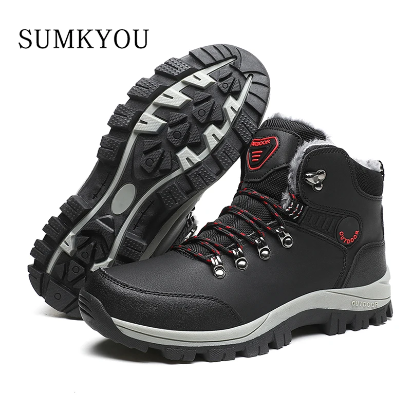 Winter Men Boots Waterproof Leather Sneakers Men Snow Boots 2024 Outdoor Non-slip Plush Warm Ankle Hiking Boots Men Winter Shoes