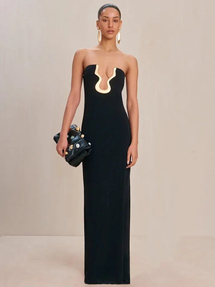 Alena | Black Extreme-Plunge Neck Maxi Dress With Gold Detail main image 0
