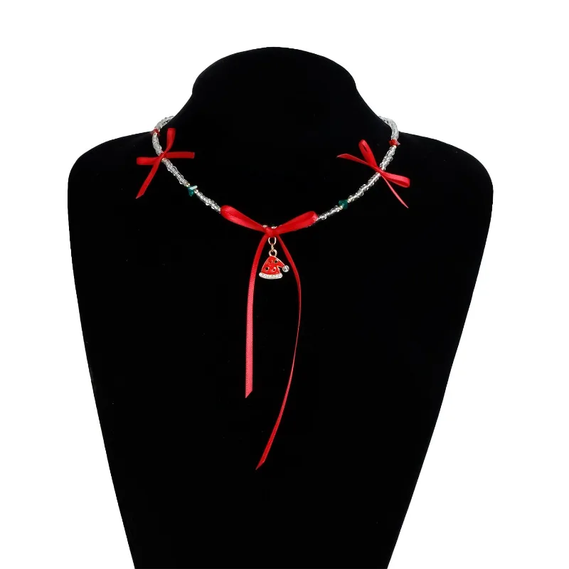 Cute Pearl Christmas Hat Pendant Necklace  for Women Green Red Beads Earrings Girls Gift Party New Year Jewelry Gifts