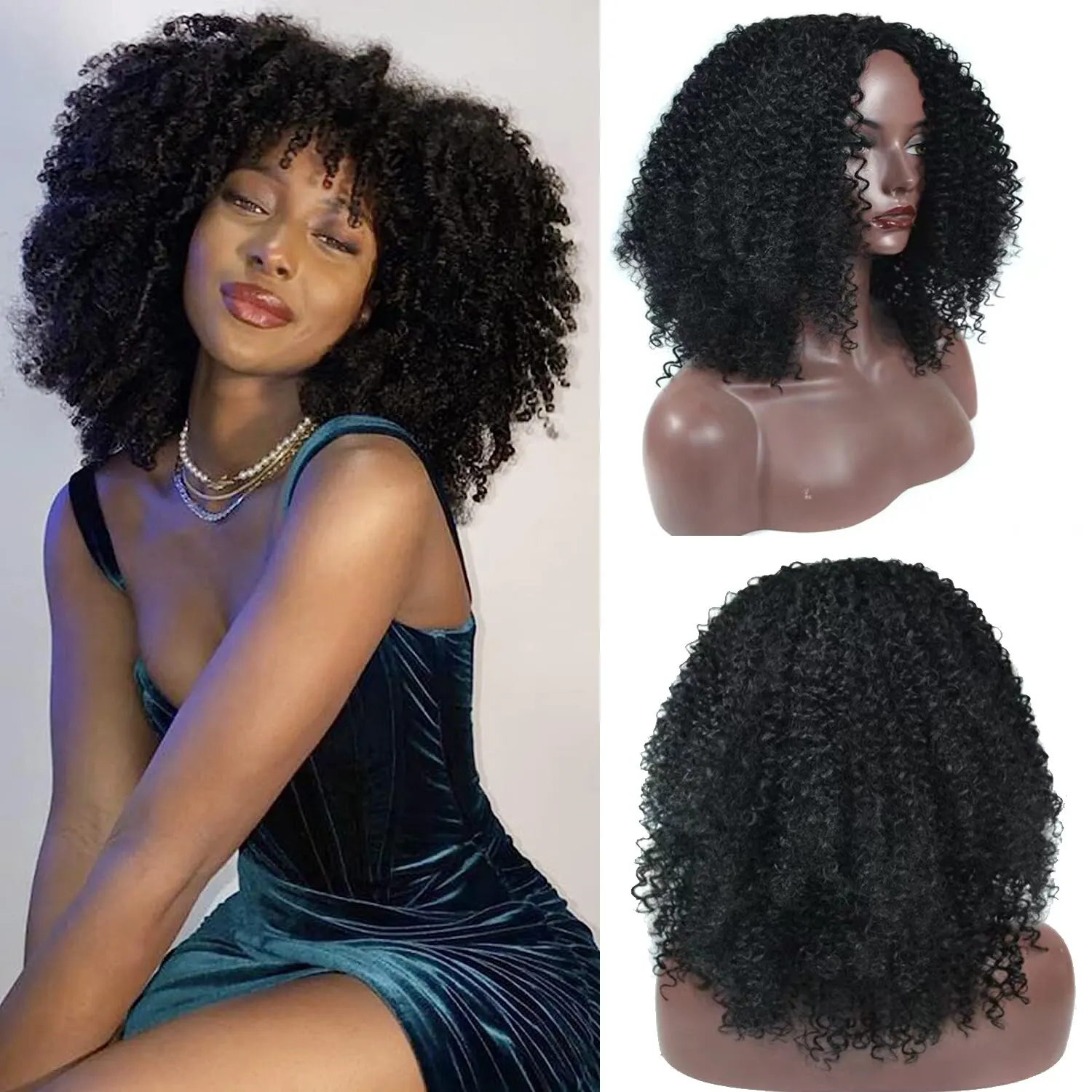 Parrucche Ricci Crespi Nere Per Donne Nere Parrucca Afro Riccia Nera Corta Con Frangia Parrucca Nera Riccia Afro Completa Resistente Al Calore Sinteti