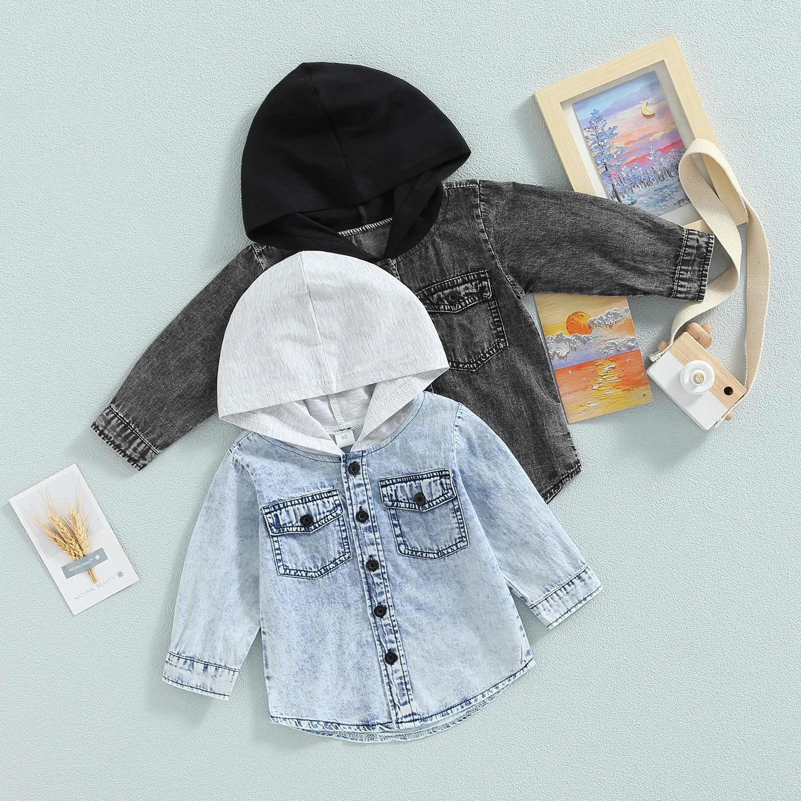 -06-23 Lioraitiin 0-5Years Toddler Boys Spring Autumn Coat Long Sleeve Button Down Patchwork Hooded Jackets