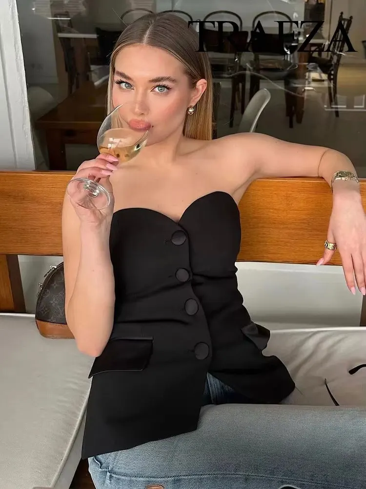 HH Summer Women Elegant White Top Front Button Corset Tube Top Strapless Sleeveless 2024 Fashion Y2k Female Chic Top