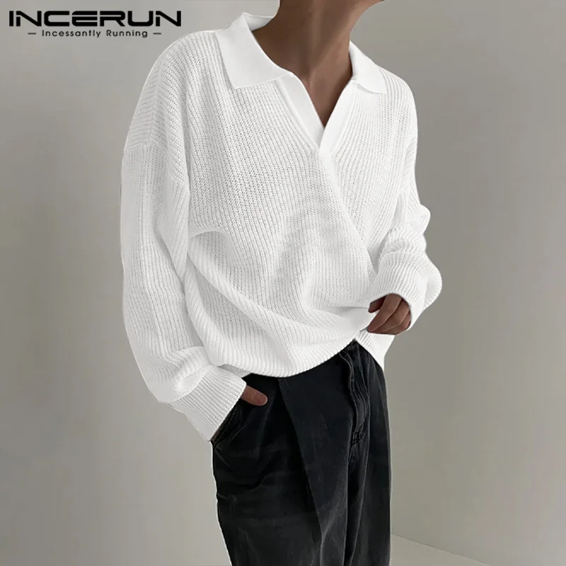 Men Shirt Solid Color Lapel Long Sleeve Knitted 2023 Casual Shirts Korean Streetwear Stylish Leisure Men Clothing S-5XL INCERUN