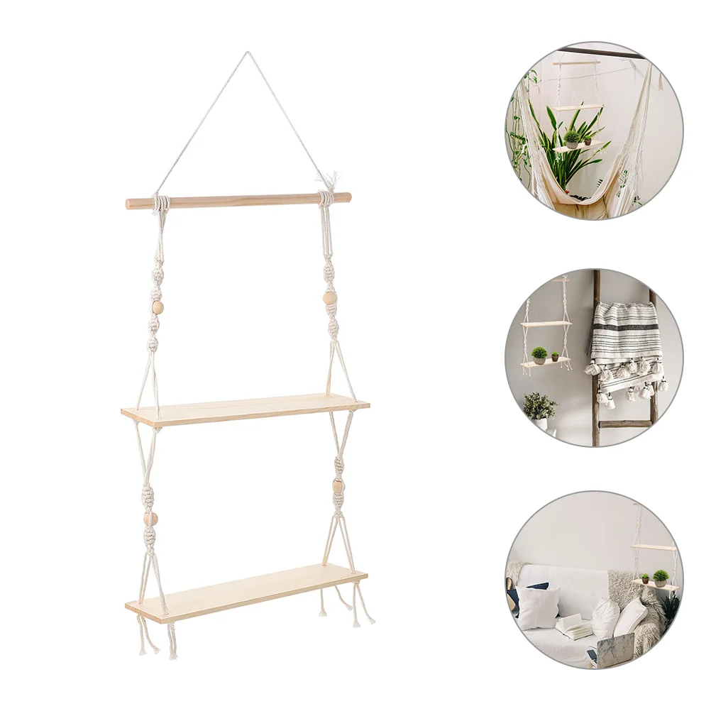 

Boho Decor Plant Shelves Double Layer Wall Hanging Decorative Cotton Thread Wood Shelf for Small Durable