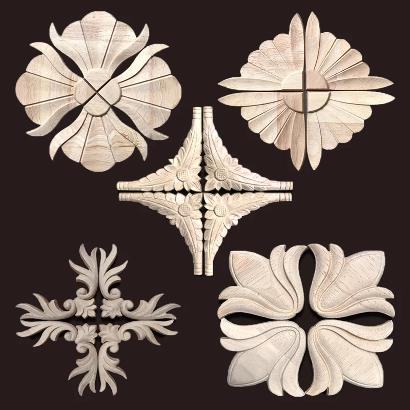 Small Round Wood Carving Applique Wood Figurines Mouldings Decal Home Decor Items Decoration for Furniture Flower Crafting