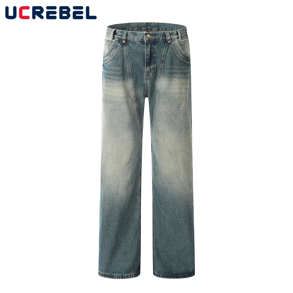 

Retro Washed Blue Loose Denim Pants Mens Streetwear Straight-leg Casual Spliced Jeans Autumn Winter