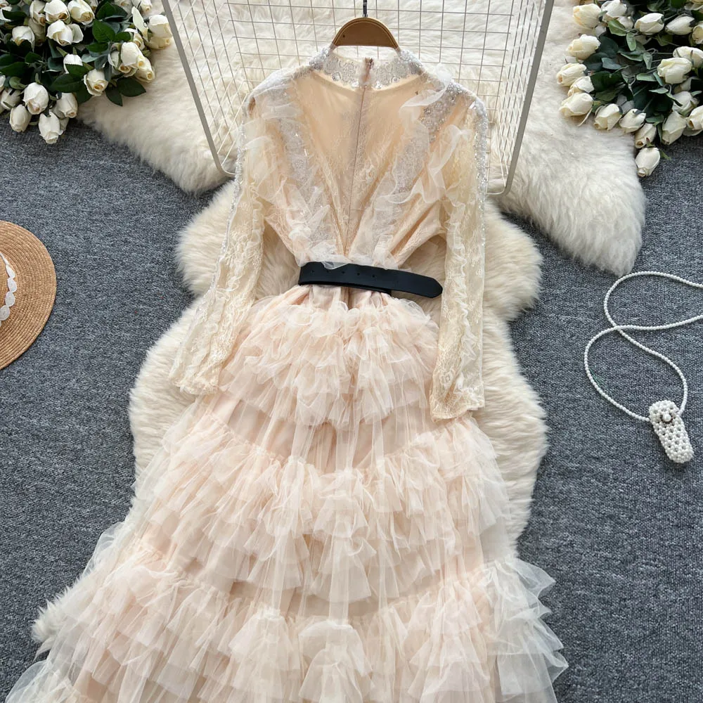 Elegant Embroidered Sequins Long Dresses Autumn Women Layer Ruffles Cake Full Sleeve Evening Party Vestidos Mesh Tulle Long Robe