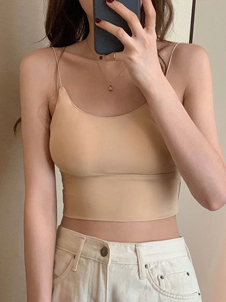 Sexy solid color crop tops sports spaghetti strap tanke top women built in  bra off shoulder sleeveless omighty camisole hot
