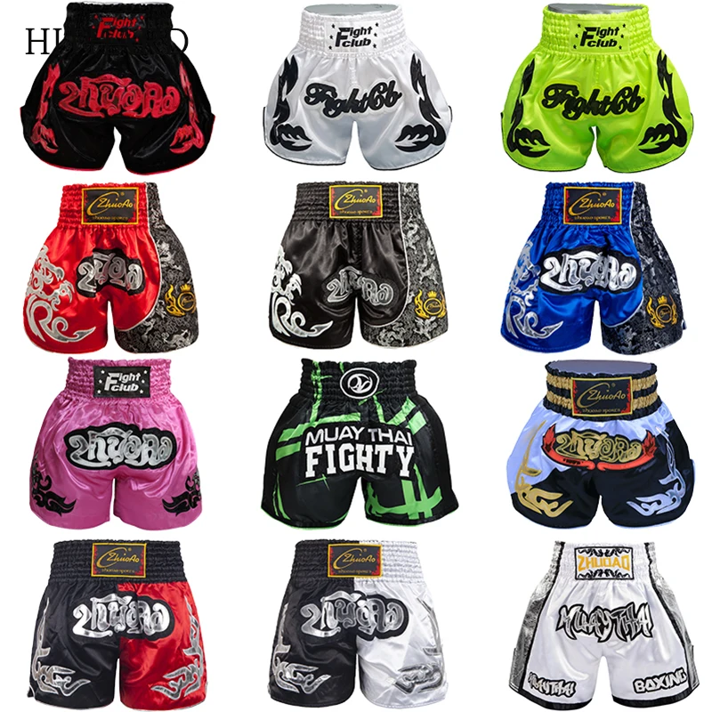 

Muay Thai Shorts Satin Boxing Shorts Men Women Kids 2024 Embroidery Kickboxing Cage Fight Pants Training Competition MMA Clothes