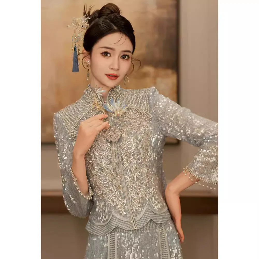 Blue Xiuhe Clothing Bridal Exit Clothing Malay Gown Skinny Dragon Phoenix Gown Toasting Wedding