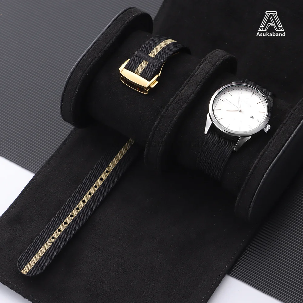 Black Nylon Watch Band with Folding Buckle – 20mm Military Sports Fabric Strap