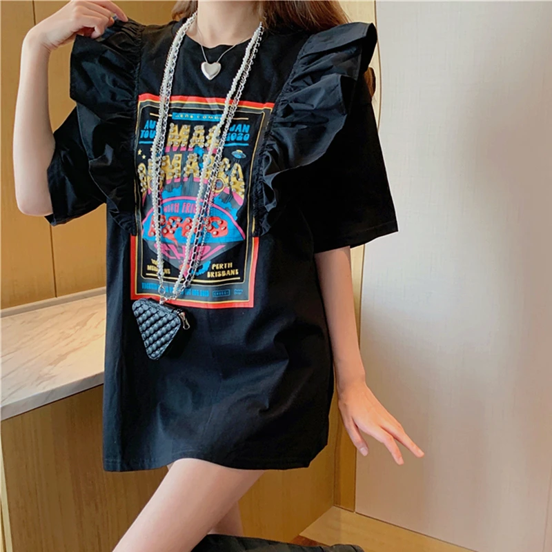 

Summer Cotton Loose 4XL Cute Splitted Ruffles Vintage Letter Print T Shirts for Woman Girls Kawaii Y2k Tops Harajuku Black White