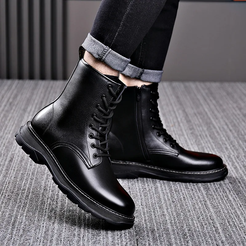 

men fashion original leather boots autumn winter shoes brand designer platform chunky boot cool high motorcycle botas masculinas