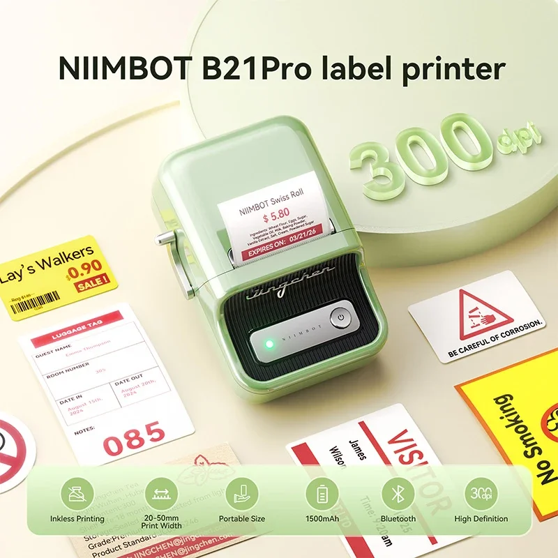 300DPI Niimbot B21-Pro Mini Portable Thermal Label Printer Mini Adhesive Sticker Printers & Black Red Font Label Paper NEW
