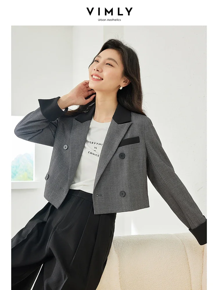 Vimly Contrast Cropped Blazer Autumn Straight Loose Double Breasted Jackets Women 2023 Elegant Office Lady Female Clothing M2992