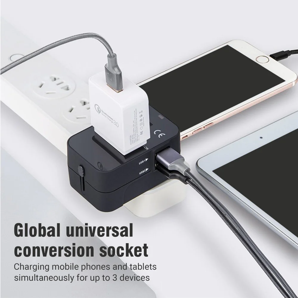 International Travel Adapter with 2 USB Ports All-in-One Travel Charger Power Adapter EU/UK/USA/AUS Plug for