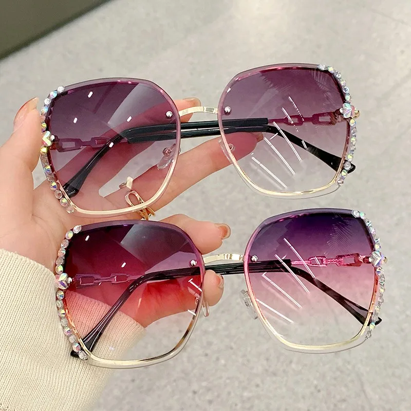 

2024 Vintage Fashion Oversized Rimless Sunglasses Women Famous Luxury Brand Design Sexy Diamond Square Sun Glasses For Female