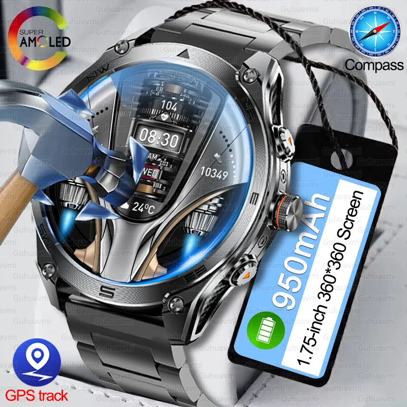 2025 New GPS SmartWatch 1000Mah Battery Compass 10ATM Waterproof Tactics Sport Flashlight Heart Rate BT Call Smart Watch For Men