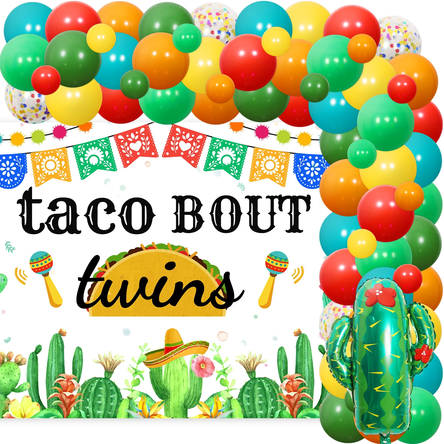 

Taco Bout Twins Decor Mexican Fiesta Twins Baby Shower Balloon Garland Kit with Taco Cactus Foil Balloons Party Supplies