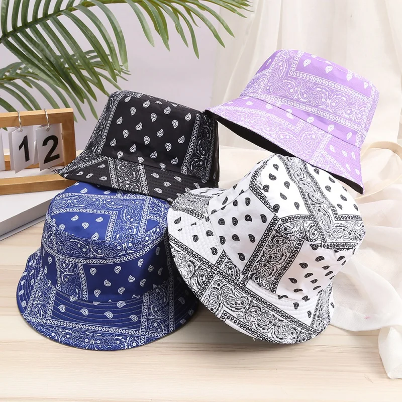 

Bandana Print Bucket Hat for Men Women Cashew Flower Printed Fisherman's Hat Fashion Foldable Basin Cap Double-sided Sun Hat