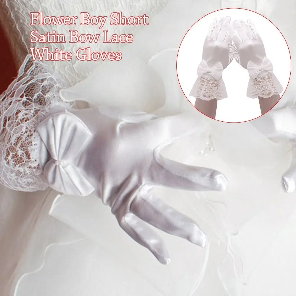 Elegant White Children's Wedding Gloves Bow Knot Glossy Satin Etiquette Dress Gloves Elastic Short Dance Festival
